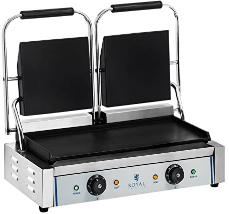 Royal Catering RCKG- 3600-F Doppel Kontaktgrill Sandwichmaker Tischgrill (Glatt, 2 x 1.800W, 300°C, Gusseisen emailliert, Edelstahl, 48,5 x 23,5cm) Silber
