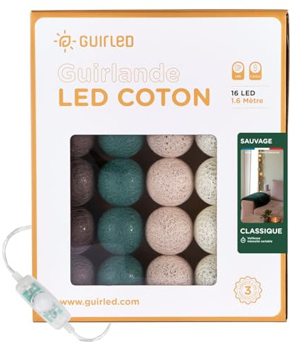 GuirLED - LED Baumwollkugeln Lichterkette USB - Baby Nachtlicht 2h - Dual USB 2A Netzteil enthalten - 3 Intensitäten - 16 Kugeln 1.6m - Sauvage