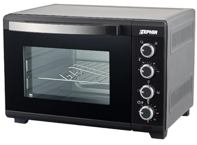 Zephir, Forno Elettrico 42L, Potenza 1600W, Ventilazione Interna, Temperatura Regolabile 100-230°C, Selettore di Cottura, Griglia e Vassoio Estraibili con Manico, Colore Nero/Silver