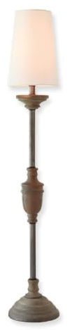 LOBERON Tischlampe Caylus, Schlanke Silhouette, Klassischer Schirm, Eleganter Fuß, Wohn-Accessoire, Tischleuchte, Nachttischlampe, Mangoholz, Eisen, Baumwolle, weiß/braun