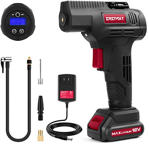 Eastvolt 12V Tire Inflator Air Compressor, Multi-Purpose Electric Power, Max 150PSI with 4-Unit Measurement Gauge, 3 Nozzles, Fast Charger and 1.5 Ah Rechargeable Battery