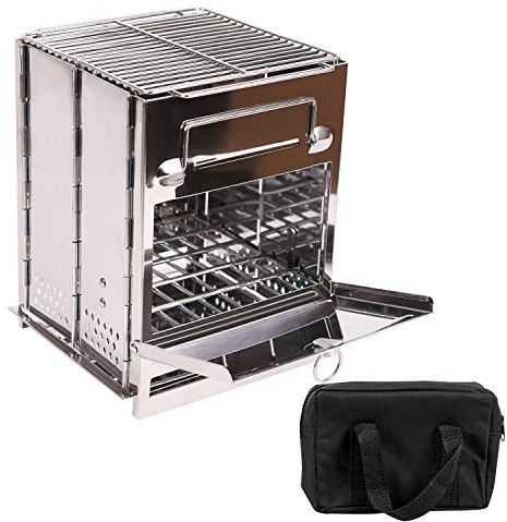 CAMPMAX Estufa de leña plegable portátil para cocinar al aire libre, estufa de leña de acero inoxidable 304 resistente y ligera con parrilla para mochileros, barbacoa, pequeña/grande (grande)