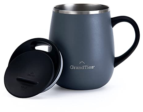 GRANDTIES Thermal Coffee Mug with Handle - Sliding Lid for Splash Guard 480 ml - Stone Grey, L, Grey