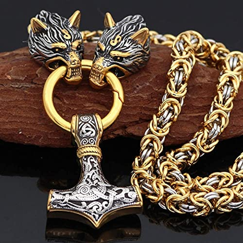 QQTQQ Viking Thors Hammer Wolf Kopf Anhänger, nordische Mythologie Pagan Mjolnir Halskette, schwere byzantinische Kette Mythologie Rune Mode Unisex Schmuck,MixedGold-70CM