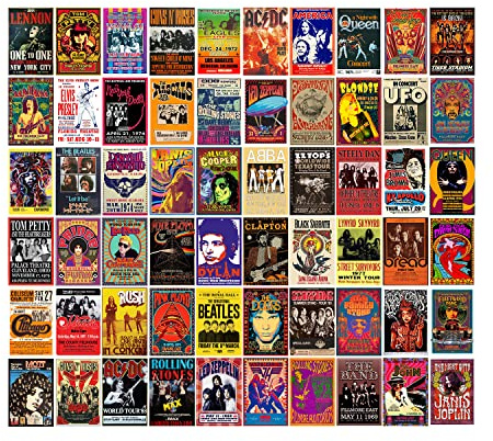 WOONKIT 60 PC Vintage Rock Band Posters, 70s 80s 90s Retro Concert Prints, Bedroom Wall Art, Album Cover Collage, 4x6 Inch (Set of 60)