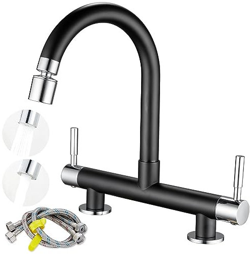 Maynosi Bridge Kitchen Sink Mixer Taps, 2 Hole Kitchen Bridge Faucet with Muti-Function Aerator, 360° Swivel Spout, 180 mm Centers Deck Mounted, Include UK Standard Pipes, Brass, Mixed Colors