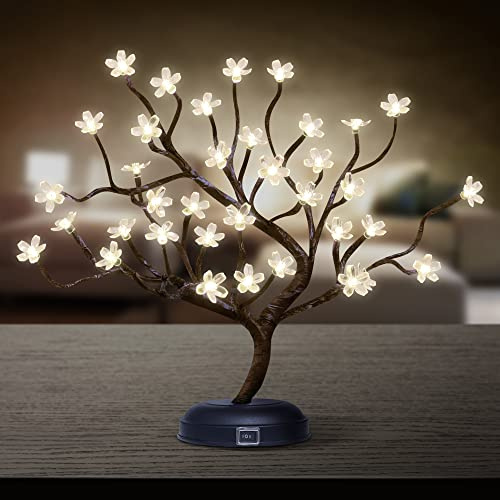 Lighted Cherry Blossom Tree Lamp 18IN Tree Lights with 36 LED, Japanese Cherry Blossom Decor for Indoor and Outdoor, Adapter Plug in/ Battery Powered Tabletop Lamp, UL Listed, Warm White