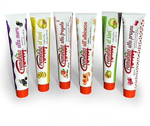 Confitures Cremolino extra 100% naturelles et transformées au Km0. Tubes pratiques de 100 ml, boîte de 6 pièces. Pressez-les au petit-déjeuner ou pour une pause gustative.