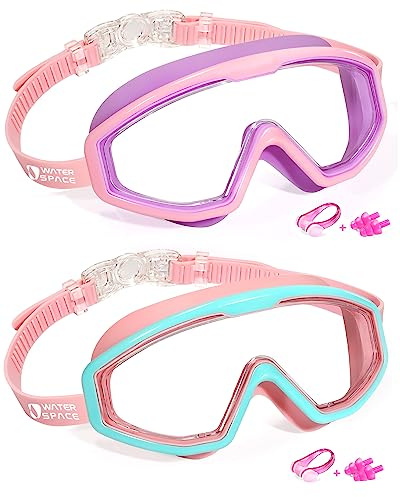 Water Space 2 Pack Swim Goggles for Kids 6-14, Toddler Swimming Goggles for Kids Youth Girls Boys Aged 3-6 4-7 8-12, Anti-fog Waterproof Clear Wide Vision, No-Leaking Pool Underwater Goggles