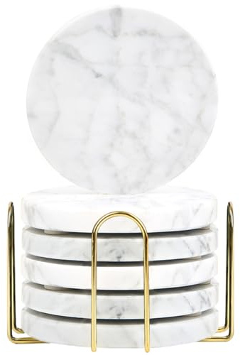 TransMarble Marmor-Untersetzer für Getränke mit Metallständer für High-End-Lifestyle (Set mit 6 Stück) (Rund, Carrara Weiß)