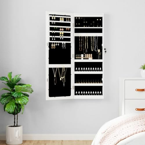 ARKEM Spiegel-Schmuckschrank mit Beleuchtung Wandmontage MäDchen Weiß Kosmetik Organizer SchmuckstäNder