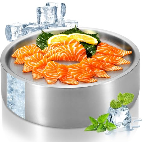 8.5 In Stainless Steel Chilled Serving Tray, Silver Cold Serving Tray Platter with Ice Chamber, Shrimp Cocktail Serving Dish with Ice, Chilled Serving Bowl for Party Fruit Food Buffet (22cm)
