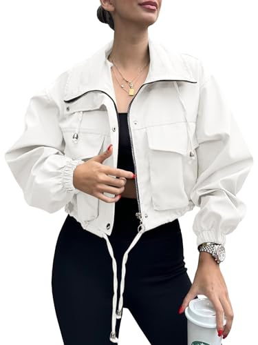 Tankaneo Womens Cropped Jacket Zip Up Lightweight Oversized Utility Anorak