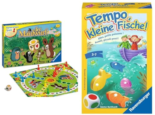 Ravensburger Kinderspiele 21570 - Der Maulwurf und Sein Lieblingsspiel & 23334 - Tempo, kleine Fische, Mitbringspiel für 1-6 Spieler, Kinderspiel ab 3 Jahren, kompaktes Format, Reisespiel, Brettspiel