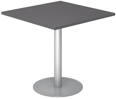 bümö Besprechungstisch, Esstisch klein, Tisch eckig 80x80 cm in Graphit, Gestell: Silber - Kleiner Rundtisch für 2 Personen mit Holz-Platte, Säule aus Metall, Konferenztisch, Bistrotisch