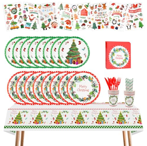YBCCBY 129Pcs Christmas Party Tableware Set, Including Plates, Napkins, Cups, Knives, Forks, Spoons, Straws, Wallpapers & Stickers for 20 Guests