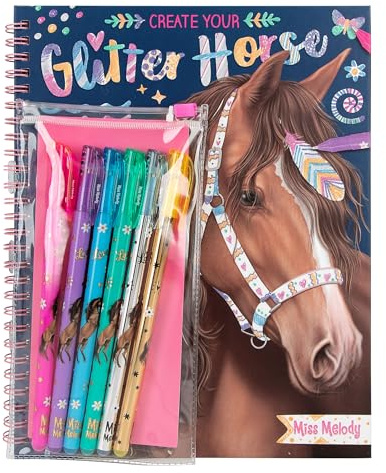 Depesche 12931 Miss Melody Create your Glitter Horses - Malbuch mit 30 Seiten zum Gestalten von Pferde-Motiven, inkl. 6 glitzernden Gelstiften