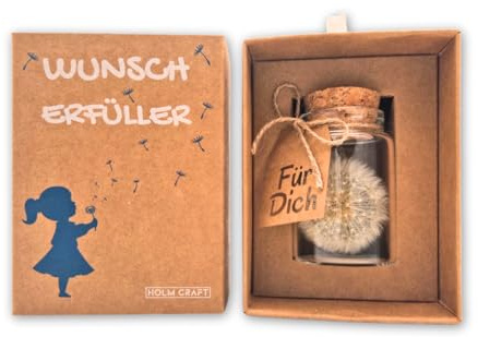 HOLM CRAFT – Wunscherfüller I Echte Pusteblume im Glas mit Geschenkbox I Handgefertigt I Perfekte Geschenkidee für jeden Anlass I Geschenke für Frauen, Freundin, Geburtstag & Hochzeit