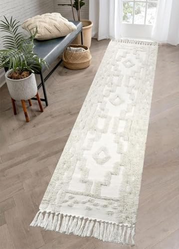 JaeMoose Tapis de couloir bohème, en coton, lavable avec pompons, tapis de cuisine tissé à la main, style marocain pour couloirs, chambre à coucher, salle de bain (Beige, 60 x 180 cm)