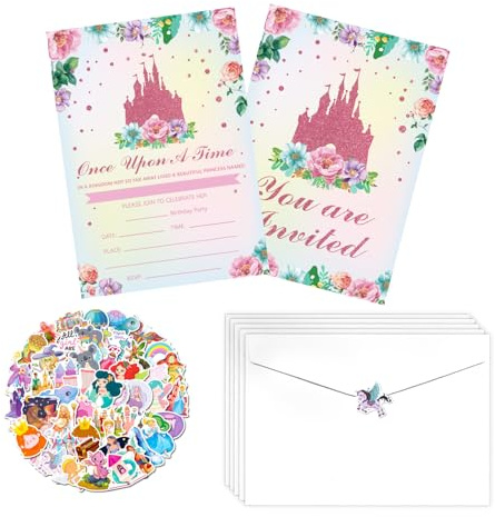 Juego de 20 invitaciones de fiesta de princesa con sobres, regalos de fiesta de castillo, tarjetas de invitación de cumpleaños para niñas, decoraciones de baby shower, suministros de cumpleaños de