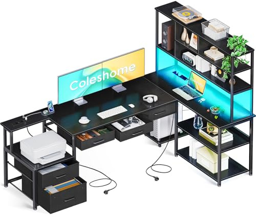 Coleshome Scrivania ad Angolo con 5 Cassetti e 4 Ripiani, 180×100×154.2 cm Scrivania a L con LED, Prese di Corrente e USB, Tavolo Computer per Ufficio Casa, Nero