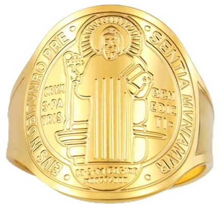 TEAMER Größenverstellbarer Ring des Heiligen Benedikt aus Edelstahl Religiöser Ring des Heiligen Benedikt katholischer christlicher Glaube böser Schutz Amulett Schmuck für Frauen
