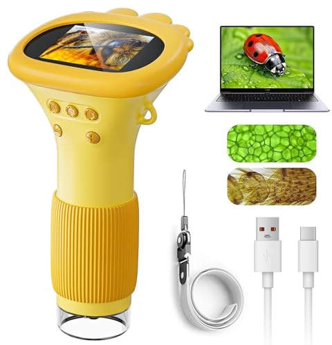 Minilabbies Microscope, Handy-Mikroskop für Kinder, 200x Zoom Mini Taschen Mikroskop, Taschenmikroskop mit LED, Digital Mikroskop, Tragbares Handmikroskop für Kinder Weihnachten Geburtstag (Gelb)