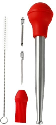 LABRIMP Truthahnspritze aus Edelstahl und Silikon für Grillzubehör | 1 Satz, Rote Ausführung, Flexible Pumpenkopf Form, für Rösten und Lagerfeuer Grill