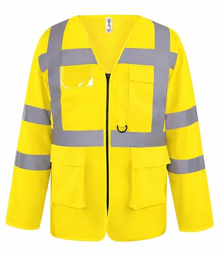 Brook Hi Vis Yoko Premium Hi Vis Vest Zipped Long Sleeve Safety Vest with Pockets – High Visibility Hi Vis Vest with Pockets for Construction, Warehouse, Duties - Work Tops for Men