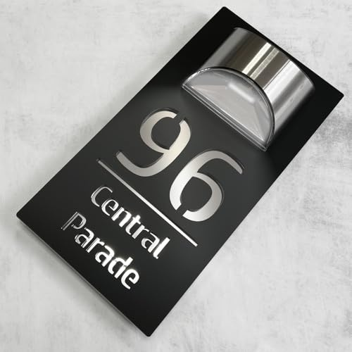 House Numbers Plaques With Solar Light House Numbers Door Signs Personalised Door Number For Wall Name Outside (Black and Mirror Silver)