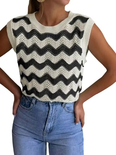 GORGLITTER Damen Pullunder Ärmellos Gestreift Strickpulli Häkel Weste Strickweste Rundhals Stricktop Leicht Strickpullunder Tanktop Schwarz und Weiß L