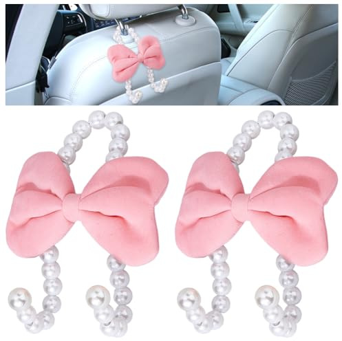 DICOSMETIC 2 Stück Damen Auto Kopfstützenhaken Rosa Fahrzeughaken Für Handtaschen Und Taschen Perlen Autohaken Mit Samt Schleife Innenraumdekoration Zubehör 11.8x9x4cm