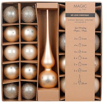 Weihnachtskugeln Glas 5-6cm mit Spitze 19er Set - Glitzer Motiv - Christbaumkugeln Weihnachtsbaumkugeln und Christbaumspitze - Christbaumschmuck & Weihnachtsbaumschmuck - Champagne