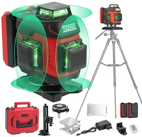TEENO Nivel Láser Autonivelante 360°x4,Laser Autonivelante 2 * 5400 mAh batería,Control remoto del nivelador láser， Base magnética,Custodia in Plastica