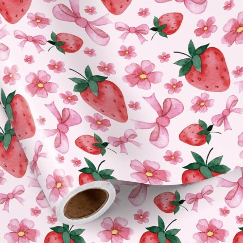 RUSPEPA Erdbeer-Geschenkpapierrolle für Mädchen, Mini-Rolle, süßes Erdbeer-, rosa Blumen- und Schleifen-Geschenkpapier für Geburtstag, Valentinstag, Frühlings- und Sommerparty, 43,2cm x 5m