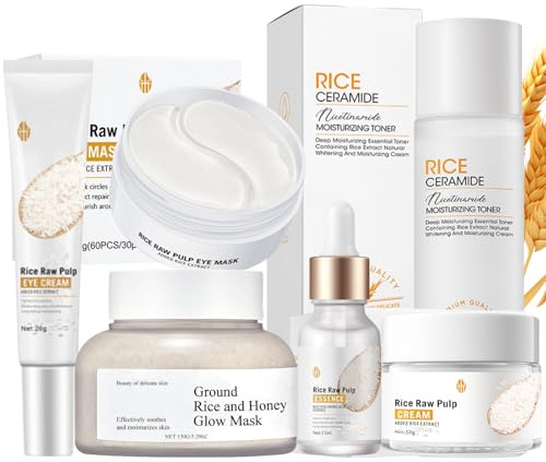 Rice Pure Skin Care Sets & Kits, Glass Skin Care Gift Set, Gentle Skin Cleaning & Care Facial Kit With Mask, Eye Mask, Toner, Essence, Eye Cream and Cream, Korean Skincare, 6PCS