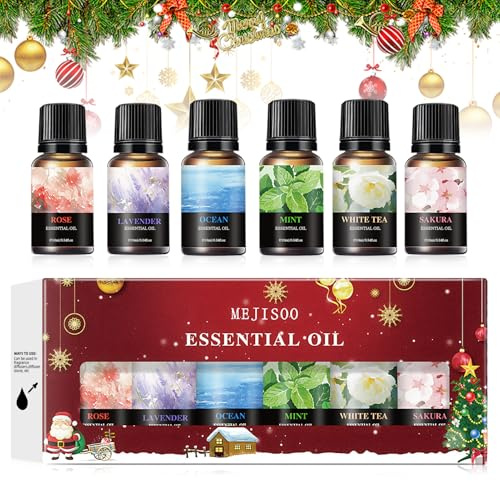 6 x 10ML Weihnachten Ätherische Öle Set,Naturrein Aromatherapie Geschenkset | Duftöl Weihnachten für Diffusor, Rose, Lavendel, Meer, Minze, Weißer Tee, Kirschblüte