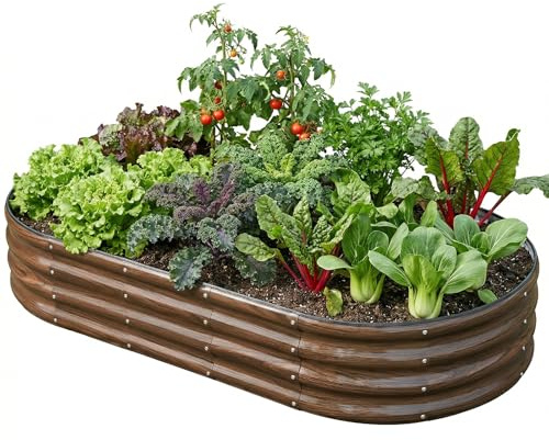 SnugNiture Oval Raised Garden Bed,180×90×30cm, Wood Grain | Large,Metal Planter Box, For Vegetables, Flowers & Herbs, Brown