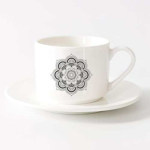 AYUEHBN White Ceramic Coffee Mugs Lotus Flower Mandala Décor Pattern （6oz/175ml） for Coffee, Soup, Tea, Milk, Latte, hot Cocoa, Ladies, Men，Sets Tea Cup with Saucers (White)