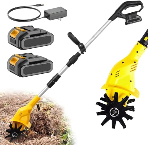 Motoazada Eléctrica Inalámbrica De 21 V, Rotavavador De Jardín Inalámbrico con Dos Baterías, 2 Cuchillas, Cultivador De Jardín Sin Escobillas con 17 Cm De Profundidad De Labranza, 10 Cm De Ancho