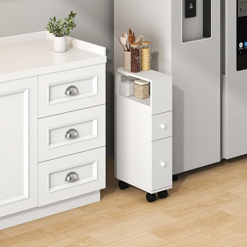 [en.casa] Armario Rodante Delgado Broreynna con Cajones y 1 Compartimento Abierto Carrito Auxiliar con Ruedas Mueble Baño de 3 Niveles Carro de Almacenamiento Cocina 66 x 15 x 33 cm - Blanco