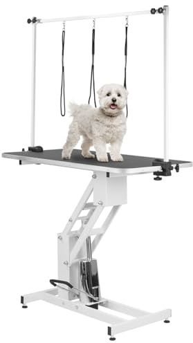 KCT Large White Hydraulic Dog Grooming Table with H Bar and Leashes.