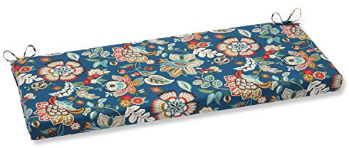 Pillow Perfect Bright Floral Indoor/Outdoor Bench Cushion With Ties, 1 Count, 18 x 45, Blue/Tan Telfair Peacock