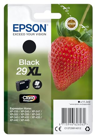 Epson Serie 29XL Fragole, Cartucce Claria Home per Stampante Inkjet, Single Pack 1 Colore (Nero) Formato XL, Stampe Casa/Ufficio fino 470 Pagine, Confezione Retail