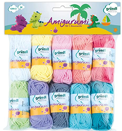 Gründl Wolle Amigurumi - dünne Wolle zum Häkeln von kleinen Figuren - Häkelgarn- Glänzend und hautfreundlich - 100 % Baumwolle - 10 Miniknäuel 10 g / 23 m - Nadelstärke 3 - 4 - Pastell