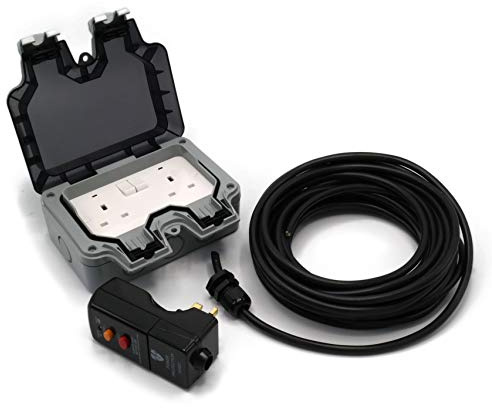 HDIUK Outdoor Mains Two Socket Wiring kit RCD Plug, Cable, Twin IP66 Switched 13Amp UK Sockets (15 Metre Cable, Black Cable)