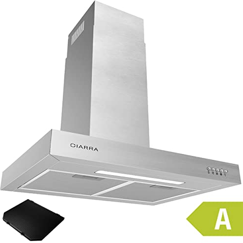 CIARRA CBCS6125 Hotte Aspirante 60 cm 370 m³/h - Avec Filtre à Charbon - Hotte de Cuisine en Acier Inoxydable - 3 Niveaux - Évacuation ou Recyclage - Éclairage LED