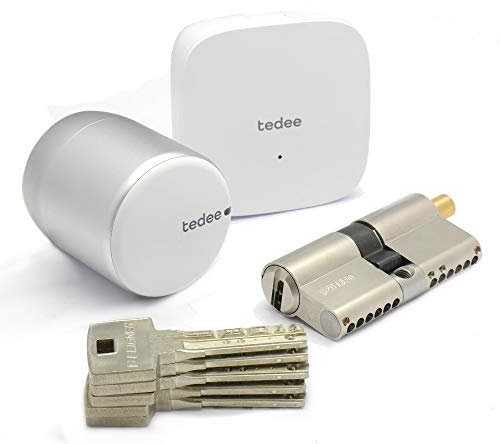 tedee Set - elektronisches Türschloss mit ABUS Bravus.2500 MX Hochsicherheits-Zylinder 60/30K inkl. 5 Schlüssel | tedee WLAN-Bridge | Bluetooth-Steuerung | iPhone & Android | Smart Home | Silber