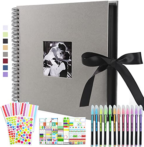 Vienrose Fotoalbum Scrapbook Album 30x30 cm DIY Seidenband Fotobuch Spiralalbum 80 Schwarze Seiten für 400 10x15 Fotos für Baby Memory Book Valentinstag Geburtstag Jahrestag Geschenk Grau