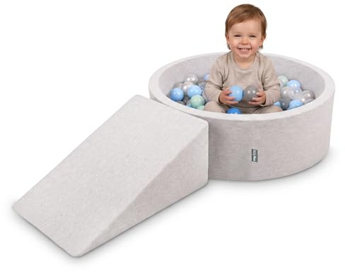 KiddyMoon Skumlekplats för barn med runt bollhav (200 bollar). Hinderbana, ljusgrå: pärla / grå / genomskinlig / babyblå / mint